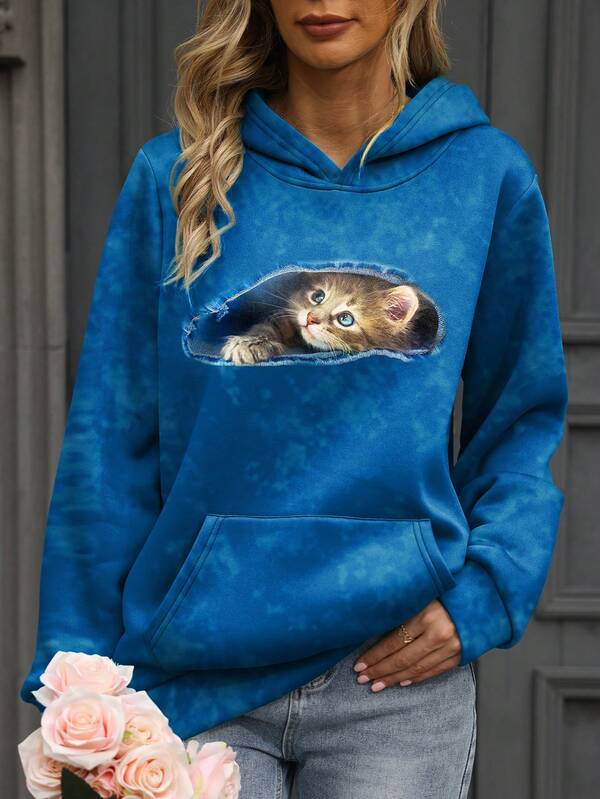 Cat Print Kangaroo Pocket Drop Shoulder Hoodie
