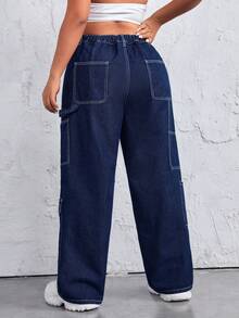 SHEIN ICON 女士深藍色高腰寬鬆牛仔褲,配有大口袋 - 藍色 - 查看 2