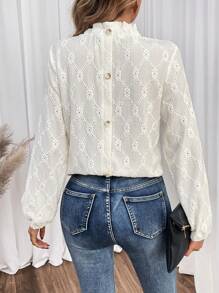 SHEIN Frenchy Women's Lantern Sleeve Shirt With Hollow Out Embroidery, Back Button Detail - Apricot - View 1