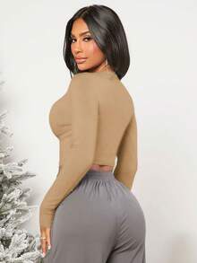 SHEIN SXY 女士修身v領短袖上衣 - 卡其色 - 查看 2