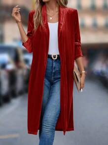 SHEIN Clasi Shawl Collar Open Placket Velvet Jacket - Red - View 4