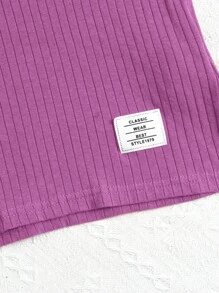 SHEIN Tween 女童罗纹针织毛绒立领长袖 T 恤和裤子两件套 - 紫丁香色 - 查看 5