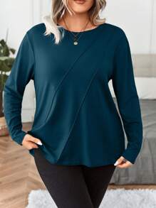 Calvaya 休閒大尺碼純色圓領長袖t恤 - 青碧色 - 查看 5