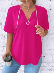 SHEIN LUNE 女款大尺寸拉鍊 V 領短袖 T 卹,附抽繩兜帽 - 玫紅色 - 查看 1
