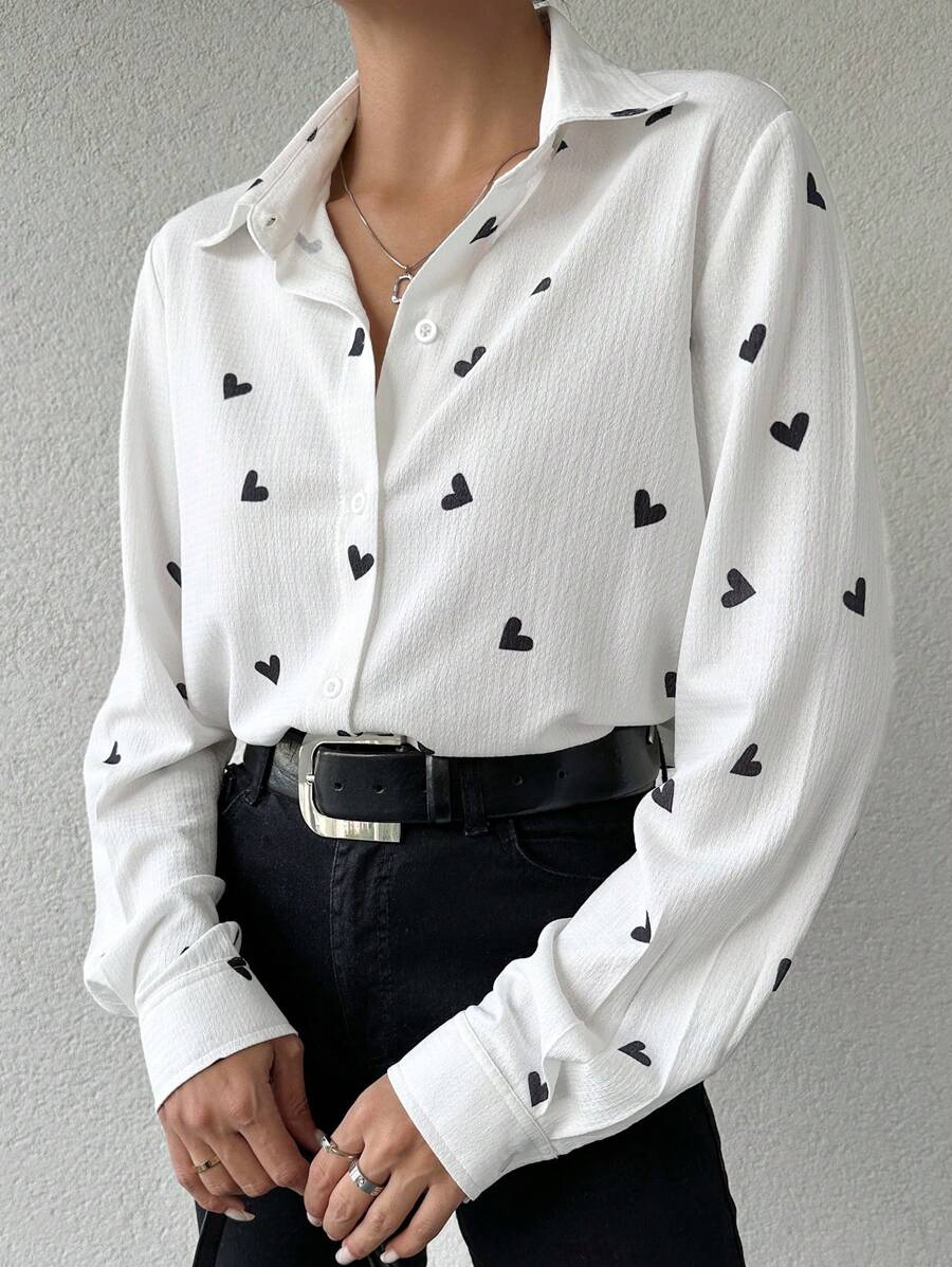 EURMUSE 小码女式心形印花纹理衬衫 - 白色 - 查看 1