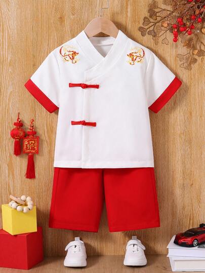 Young Boy 2pcs/Set Casual Comfortable Breathable & Cool Color Block Chinese Style Hanfu Outfit With Stylish Buckle Design, Suitable For Summer