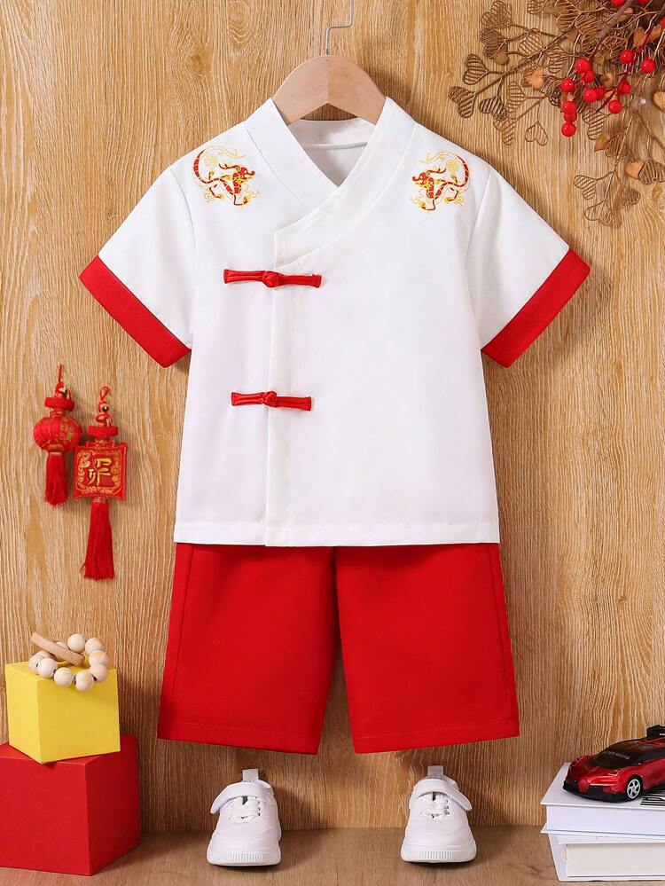 Young Boy 2pcs/Set Casual Comfortable Breathable & Cool Color Block Chinese Style Hanfu Outfit With Stylish Buckle Design, Suitable For Summer