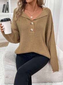 SHEIN Frenchy Women's Solid Color Drop Shoulder Sweater Winter - Apricot - View 5