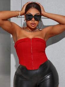 SHEIN SXY Kích thước lớn Denim Áo không dây Đối với phụ nữ , Lễ tạ ơn - Đỏ - Xem 4