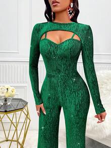 AIJ Bộ đồ liền thân dài tay nhung trơn màu gợi cảm 2 trong 1 cho nữ mùa thu đông 2024 dành cho tiệc Giáng sinh, tiệc Gala, tiệc cocktail - màu xanh lá - Xem 3