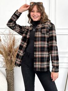 RueChic Tween Girl Plaid Print Button Front Coat - Multicolor - View 1