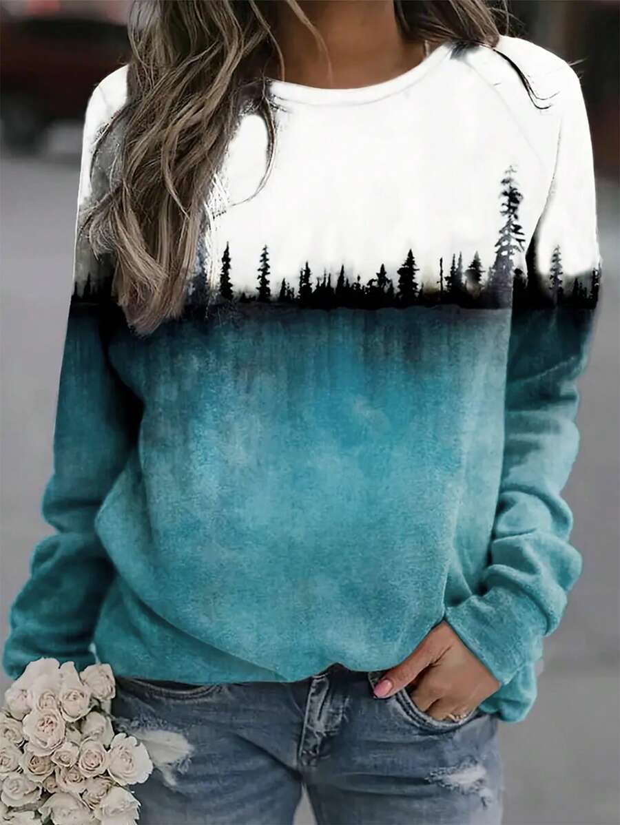 SHEIN LUNE Landscape Print Raglan Sleeve Sweatshirt - Multicolor - View 1