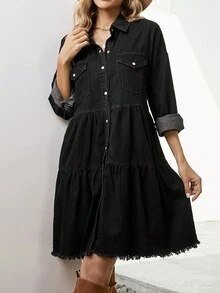 Vestidos De Mezclilla Cortos Con Botones, Manga Corta Con Volantes Y Bolsillos De Mujer - Negro - Ver 3