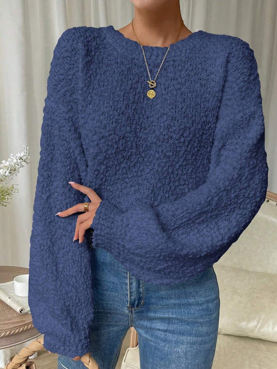 SHEIN LUNE 女士純色下垂肩毛衣 - 藏蓝色 - 查看 1