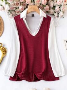 SHEIN Frenchy 純色雙口袋毛線背心 - 酒紅色 - 查看 1