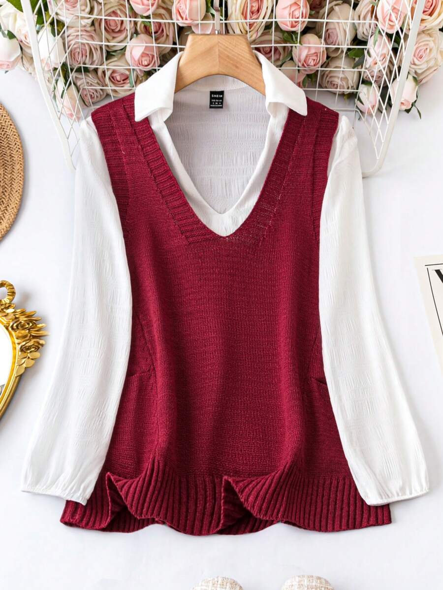 SHEIN Frenchy 純色雙口袋毛線背心 - 酒紅色 - 查看 1