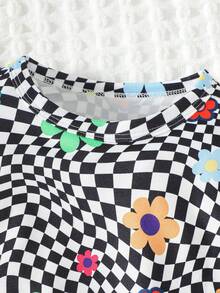 SHEIN 2 件套年轻女孩彩色菊花和黑白格子印花盖袖长袖 T 恤和长裤套装，秋冬季 - 彩色 - 查看 4