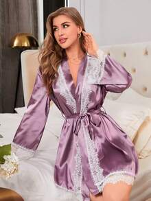 女士拼接蕾絲緞面浴衣 - 淺灰紫 - 查看 5