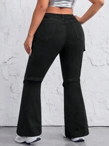 SHEIN ICON Women's Plus Size Flap Pockets Flare Jeans - Black - View 2