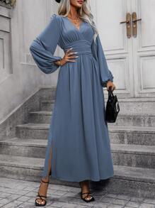 EMERY ROSE Đầm Maxi xẻ tà cao tay đèn lồng màu trơn dành cho nữ Trang phục mùa thu vải dành cho nữ - Màu xanh bụi bặm - Xem 6