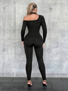 VaVaBold Women's Asymmetric Neckline Tight Jumpsuit - Black - View 5