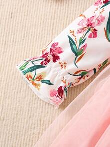 SHEIN 女孩休閒可愛荷葉邊長袖圓領泡泡裙,時尚花卉印花布拼接公主裙,兒童春秋裝 - 彩色 - 查看 3