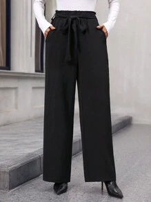 SHEIN LUNE Women's Belted Long Pants - Black - View 1