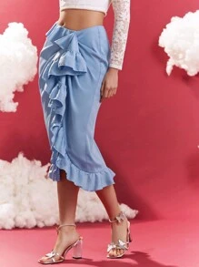 Enchnt 女用荷葉邊下擺百褶裙 - 藍色 - 查看 4