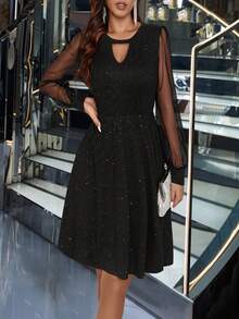 Women's Mesh Contrast Sheer V-Neck Dress - Black - View 8