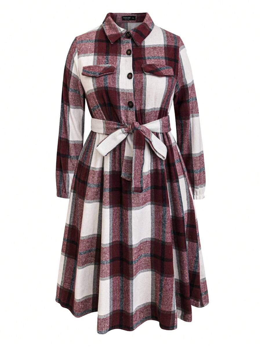 SHEIN Clasi Kích thước lớn Kẻ sọc Đầm Với Chi tiết về Flap Và Eo Thắt lưng - Đỏ - Xem 1