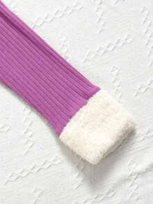 SHEIN Tween 女童罗纹针织毛绒立领长袖 T 恤和裤子两件套 - 紫丁香色 - 查看 3