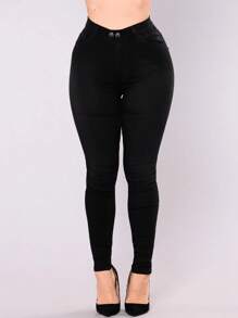 Cao eo Co giãn Chi tiết Nút Quần bó sát - màu đen - Xem 1