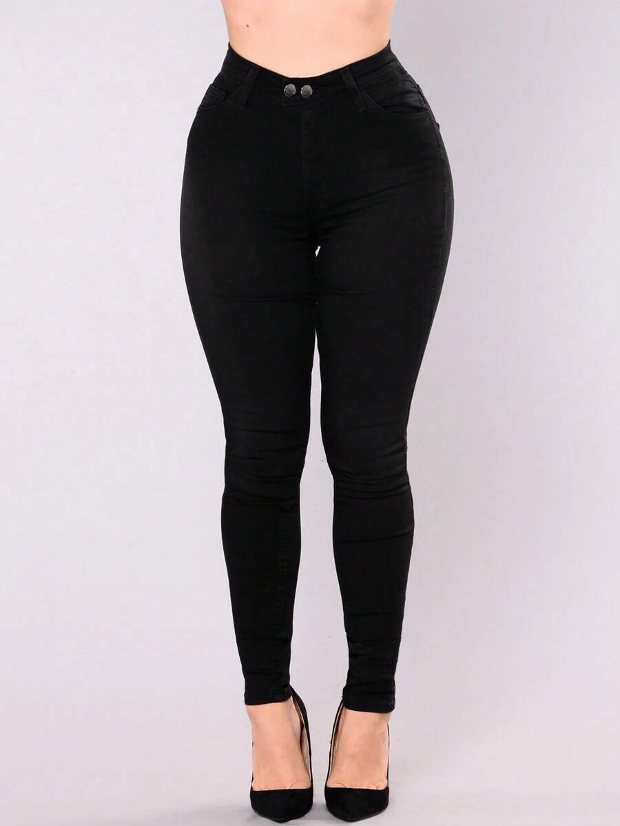 Cao eo Co giãn Chi tiết Nút Quần bó sát - màu đen - Xem 1