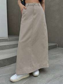 DAZY 女士直筒牛仔裙，秋季服装牛仔裙 - 卡其色 - 查看 1