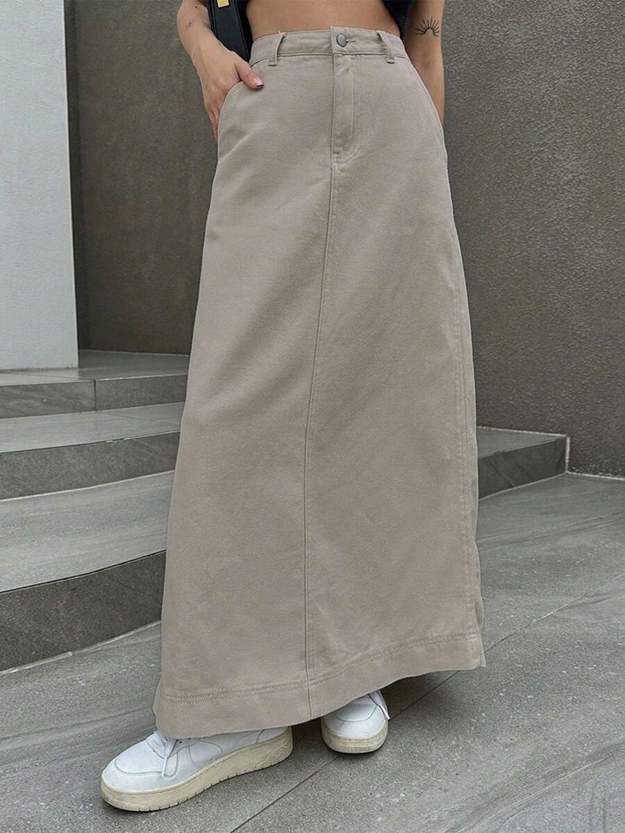 DAZY 女士直筒牛仔裙，秋季服装牛仔裙 - 卡其色 - 查看 1