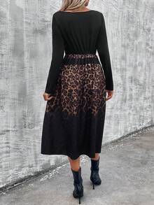 EMERY ROSE Women's Round Neck Black Leopard Print Patchwork Dress - Multicolor - View 2