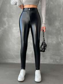 EURMUSE Leather Look Skinny Jeans - Black - View 1
