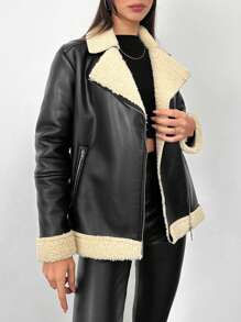 EURMUSE Lót Teddy Dây kéo Da nhìn Áo khoác moto - màu đen - Xem 5