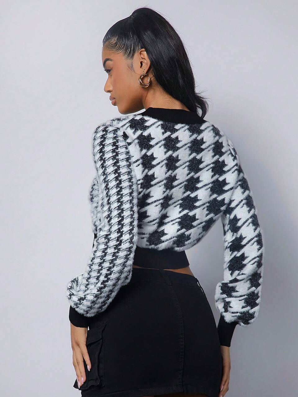 Houndstooth Button Front Crop Cardigan