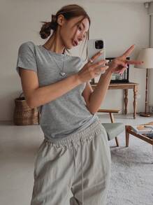 DAZY 女款圆领短袖T恤、短款上衣 - 灰色 - 查看 7