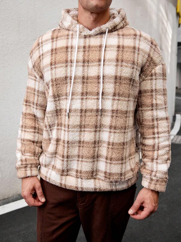 Manfinity VCAY Men's Plus Size Loose Fit Plaid Hooded Casual Hoodie, For Fall Winter