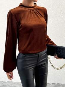 Chiquease Của phụ nữ Màu thuần Tay áo lồng đèn Mở Lưng Tay áo dài Áo sơ mi - Rỉ Nâu - Xem 4