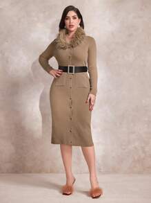 Modelyn Women's Fur Collar Button Up Cardigan - Brown - View 3