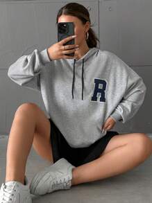 EURMUSE Letter Patched Drop Shoulder Drawstring Hoodie - Grey - View 1