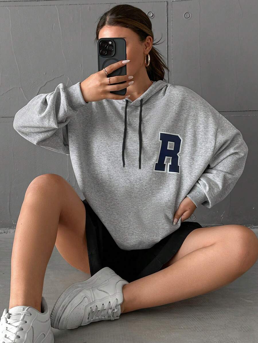 EURMUSE Letter Patched Drop Shoulder Drawstring Hoodie - Grey - View 1