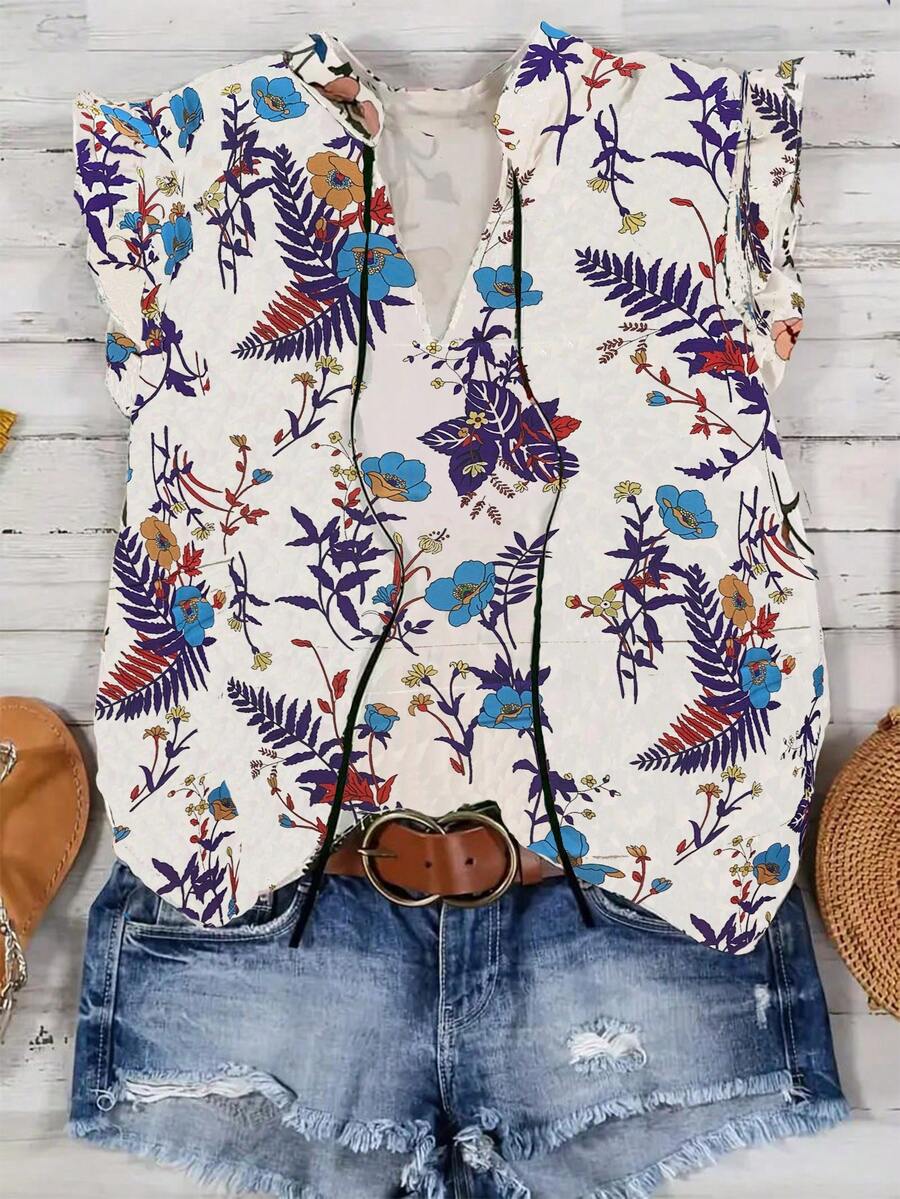 SHEIN LUNE Top De Talla Grande Con Escote De Pico, Estampado Floral Y Adornos De Volantes - Púrpura malva - Ver 1