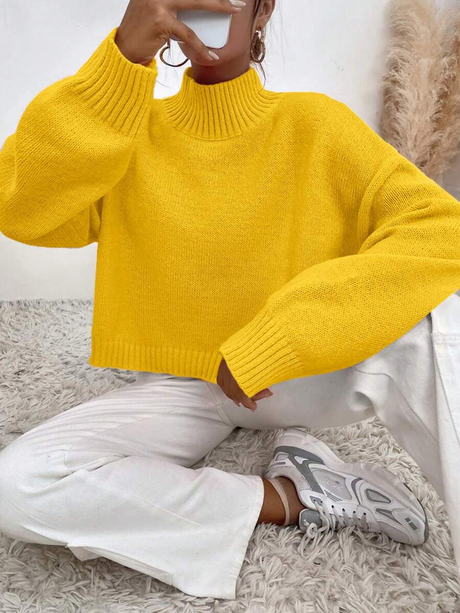 EURMUSE Mock Neck Drop Shoulder Jumper - Yellow - View 1