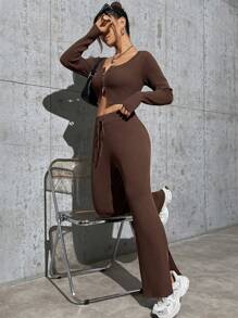Flirla Women's Zipper Front Cardigan And Drawstring Waist Flare Leg Knit Pants 2 Piece Set - Coffee Brown - View 4