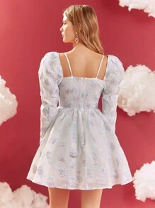 Enchnt Bowknot Decoration Puff Sleeve Embossed Dress - Blue and White - View 3