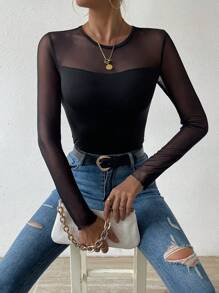 SHEIN Privé Women's Mesh Contrast Long Sleeve Top - Black - View 5